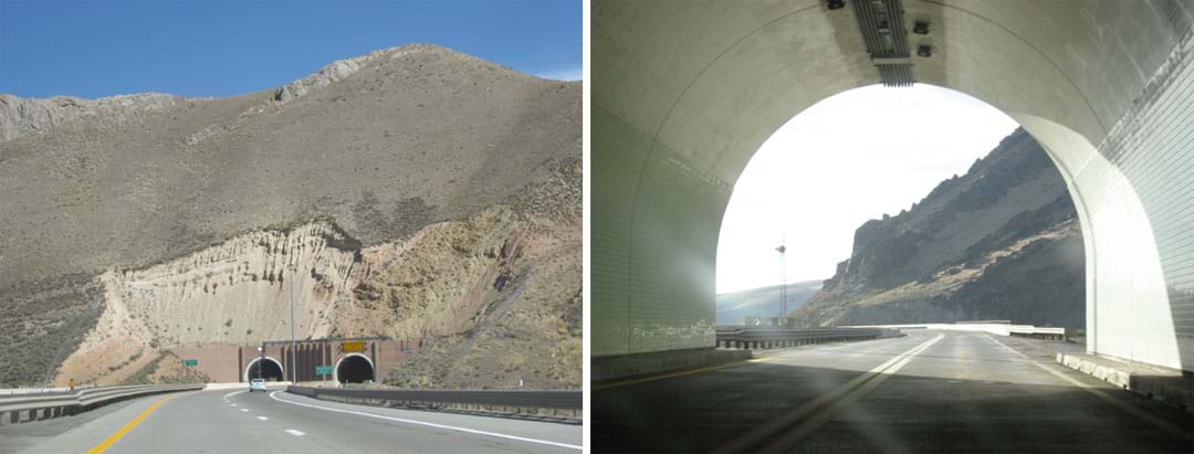 Two photos: (left) view from a highway looking at two arched tunnel entrances into the rock face of a mountain; (right) view from inside a highway tunnel, looking through an arched opening to the road that continues beyond.