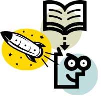 Colorful cartoon images of a person, a book and a rocket. The image indicates a person learning from a book to build a rocket.