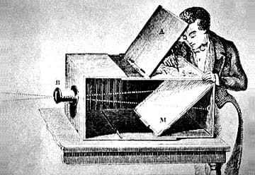 A pen and ink drawing shows a man drawing an image as it appears in a mirror on the top of the camera obscura. The camera is a large box on a table. Light (thus, an image) enters through a hole, is reflected off a mirror and the image is reflected onto another mirror on the top of the box.