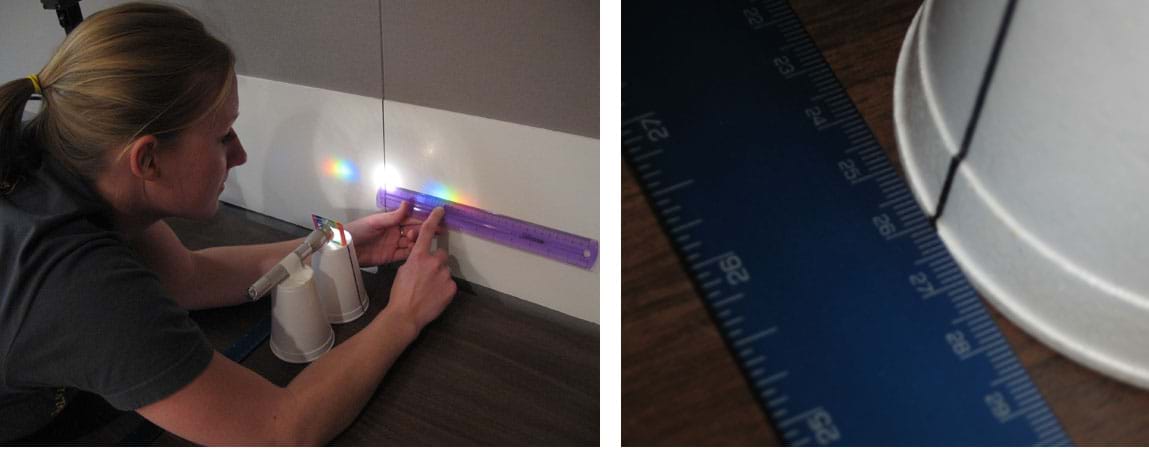 Two photos: (left) distance from the center of the screen to any color can be measured using a ruler. (right) The distance from the grating to the screen is read off of the meter stick using the black line drawn on the Styrofoam cup.