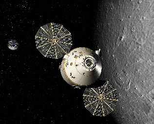 The Orion spacecraft in lunar orbit, as illustrated by an artist's conception.