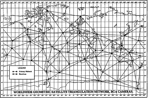 A map showing the wordwide geometric satellite triangulation network.
