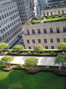 Aerial photo shows grass, trees, flowers and a walkway covering the top of a skyscraper, with two other rooftop gardens on nearby skyscraper roofs.
