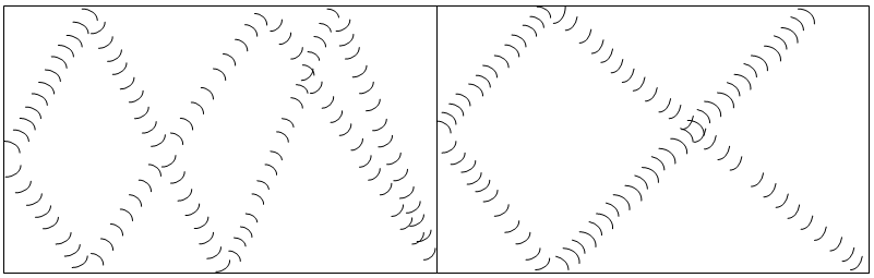 Two diagrams: (left) Blue and black arcs bounce off walls in many directions. (right) Most of the blue and black arcs stop when they hit walls.