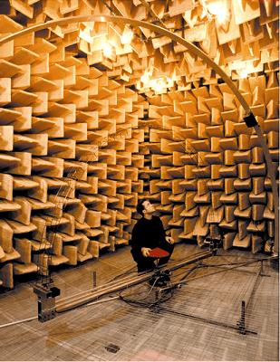 An anechoic chamber (room designed to completely absorb reflection from sounds and electromagnetic waves) at the University of Salford.