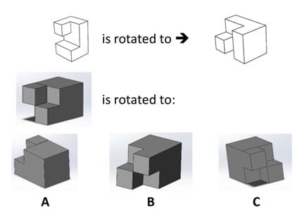 The image shows a line drawing of a blocky shape (call it shape “1”) in the top left corner followed by the words “is rotated to,” and then a second drawing of shape 1 that has been rotated by tilting the block backwards 90 degrees. In the second line, a new shape (call it shape “2”) is presented with the words, “as shape 2 is rotated to,” and then three choices labeled A, B, C, are presented in a line below. The choices are pictures of shape 2 rotated in various directions. The answer is B, which is shape 2 tiled backwards 90 degrees.