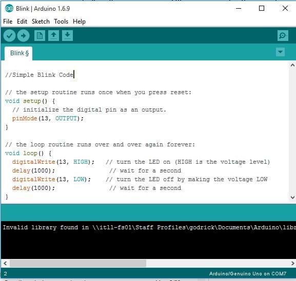 A screenshot of Arduino workspace with completed “simple blink code.”