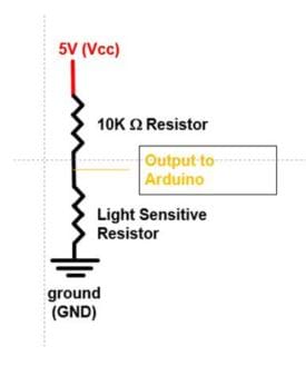 A circuit diagram shows the location of voltage, resistors, output to Arduino, and ground. 