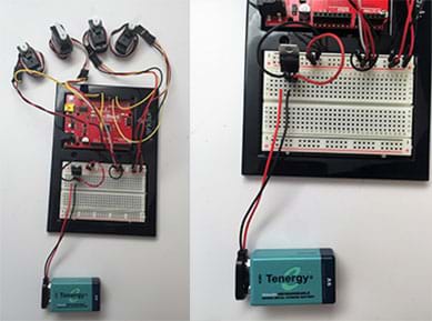 Two photographs show more detail of the setup partially shown in Figures 3 and 4. At left, the Arduino and breadboard hooked up to five servo motors, a 9V battery, and voltage regulator. At right, a closer photograph pf the Arduino breadboard shows its wire hook-ups to the battery and voltage regulator.