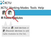 A screenshot of the XCTU home page shows the top left corner with a red circle and red arrow identifying the discover button.