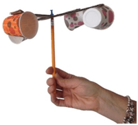 La fotografía muestra una mano sosteniendo un anemómetro compuesto de un lápiz y cuatro vasos.