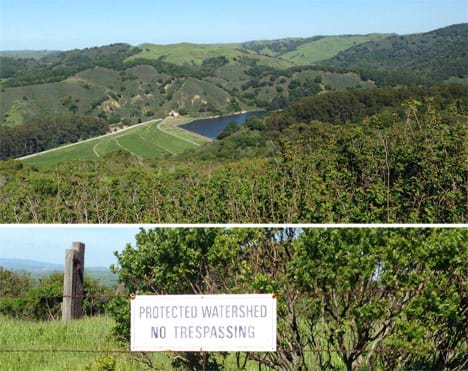 Two photos: A landscape view looks down into a wide green canyon at a dam, reservoir and creek. A sign posted on a barbed wire fence above the landscape scene: Protected watershed -  no trespassing.