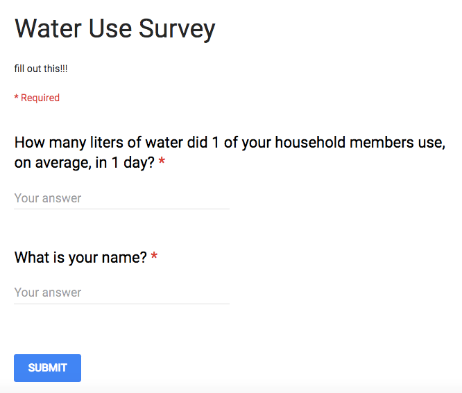 Image shows the questions in the Google Forms water use survey.