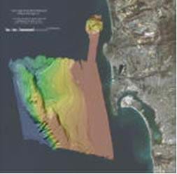 A satellite image of the San Diego coastline reveals a section of offshore underwater terrain with rainbow color-shading and contour lines indicating the sea floor topography.