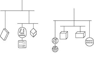 A line drawing of mobiles made from cubical and rectangular boxes.