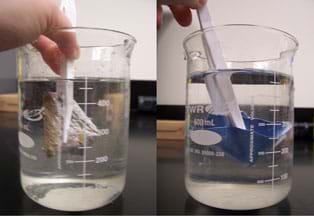 Two photos show items submerged under water in beakers: (left) a tan material, and (right) a swatch of blue cloth.