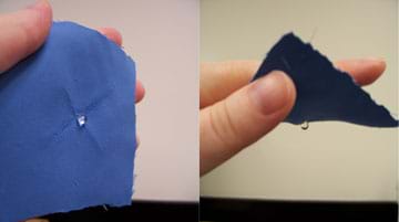 Two photos: Beads of water remain on scratched blue and black cloth held aloft.