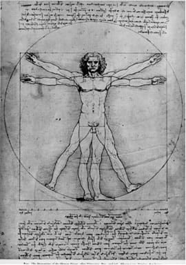 A line drawing shows a human man with arms and legs outstretched at two overlapping positions within a circle. Below the drawing are handwritten notes.