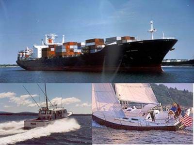 Three photos of different types of boats: ocean-going container ship, motorized fishing boat and sailboat.