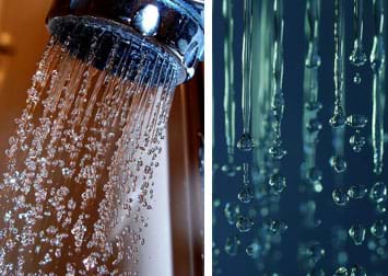 Two high-speed photos of falling water (one from a shower head) show it changing from streams and jets of water to droplets.