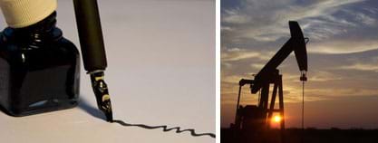 Two photos: (left) An ink bottle and pen. (right) A pumpjack, a machine that pumps oil from underground reservoirs, in a West Texas field.