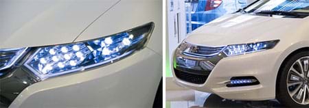 Two photographs. The front end of a white sedan—a Honda Insight concept car. A close-up of that car’s elongated headlight; beneath a clear cover many very bright LED lights can be seen.