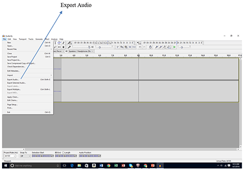 A screenshot shows a gray window with a band of icons and buttons across the top. An arrow points to “Export Audio” in the File drop-down menu from the Audacity software menu bar.