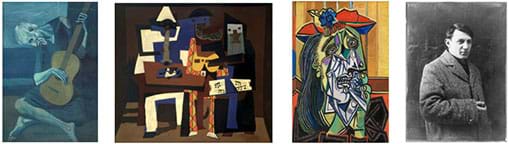 Four photographs: The first three are oil paintings: An old man seated on the floor playing a guitar. Abstract images of three people playing instruments. An distorted color portrait of a woman’s face. A black and white photograph of a man in an overcoat.