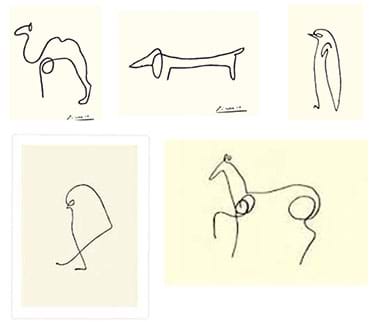 Five black continuous line drawings of animals: camel, dog, penguin, bird, horse.