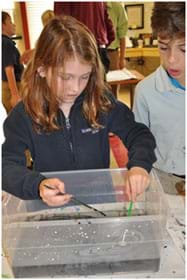A photograph shows a girl holding a paintbrush in each hand while creating a beautiful ink on water image in in a plastic tub with a shallow amount of water. Another student looks over her shoulder with an absorbed look.