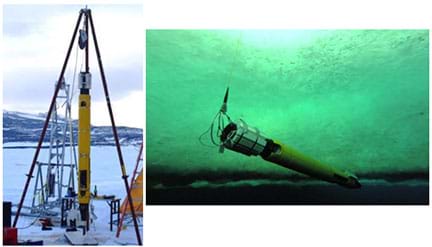 Two photographs: In a snowy landscape, a long, cylindrical yellow device (the Icefin robot) hangs from a triangular metal frame above a hole in the ice. An underwater photo shows the long yellow device (the robot) moving horizontally under the ice above it.