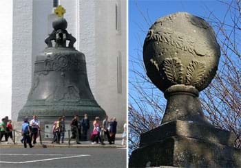 Two photographs: (left) People walk by the bronze Tsar Bell in Moscow, Russia, which is more than 20 feet tall. (right) A large spherical stone finial on the gatepost of a Georgian house in Aberdeenshire, Great Britain. 