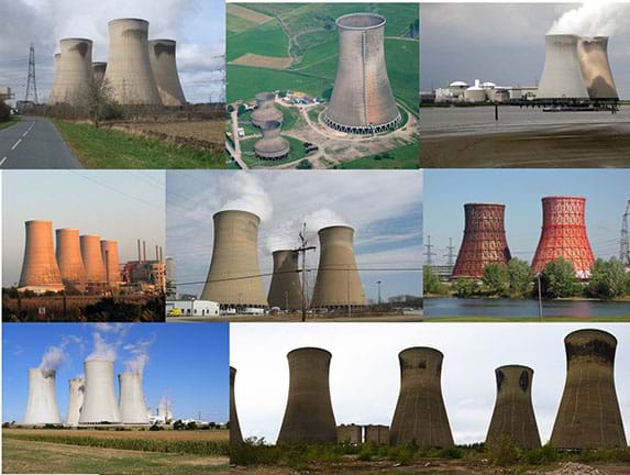 Eight photos show hyperbolic-shaped nuclear power plant cooling towers from around the world. (left to right) Top row: Drax Power Station, England; Westfalen Power Plant, Germany; Doel Power Station, Belgium. Middle row: Chapelcross Power Station, Scotland; Homer City Generating Station, PA, USA; Kharkov Power Station #5, Ukraine. Bottom row: Dukovany Power Station, Czech Republic, and ABLE Thorpe Marsh Power Station, England.