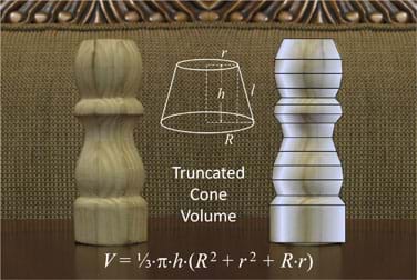 A photograph shows a side view of a wooden finial that looks somewhat like a salt shaker or chess piece. Next to it is a computer-generated image of the same object, now with horizontal lines added at locations where the shape’s profile (horizontal widths) changes, resulting in a stack of variously sized truncated cones. The total volume of this solid can be approximated by adding together the volumes of the truncated cones that compose it. Superimposed over the photo is a line drawing of a truncated cone (a cone with its nose/point cut off) with dashed lines indicating its height, length, top radius, r, and bottom radius, R, followed by a volume equation: V = 1/3*pi*h (R^2 + r^2 + Rr).
