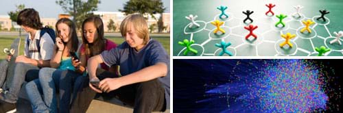 Three images: Photo shows four teens sitting near each other on a curb at school, three using cell phones. Photo shows stick figures each standing inside chalk-drawn circles, further linked by chalk-drawn lines. On a dark background, myriad dots of different colors cluster mostly in one area with many fine blue lines linking to scattered outlying dots—it's a computer-generated graph of protein-protein interactions in human cells.