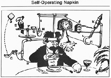 A line-drawn cartoon shows a man eating soup with a complex contraption attached to his head that, through a series of interlinked events, operates a napkin to automatically wipe his mouth.