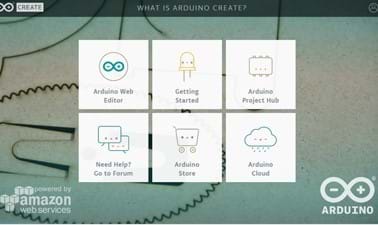 A screenshot of the Webpage for Arduino Create is shown.  It gives the six menu options for the site including: Arduino Web Editor, Arduino Project Hub, Arduino Cloud, Arduino Store and Forum.