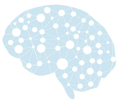 An illustrated outline of a brain with a web of circles connected with lines. 