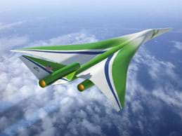 Drawing shows a futuristic green supersonic jet flying fast and high above the clouds.