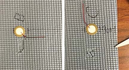 Two photographs show the rubber mat of Figure 1 with notches added: (left) A small amount of rubber was removed with scissors near location B. (right) A smaller, more oblong-shaped notch made with scissors near location C.