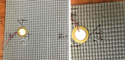 Two photographs show the rubber mat of Figure 1 with notches added: (left) The notch near location A is very small. (right) A scissors cut the mat in a thin line near location A.