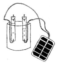 A simple line drawing shows a beaker with two suspended and capped test tubes, each with a wire from its base connected to a nearby solar panel.