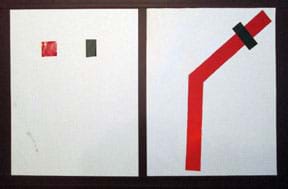 A photograph shows two sheets of white copy paper oriented vertically next to each other. In the top half of the left sheet, two one-inch pieces of tape are adhered, one red reflective tape and the other black electrical tape. Adhered to the right sheet are two six-inch lengths of red reflective tape mounted at a 45°angle to each other to make a long path with one angled bend. A one-inch piece of black electrical tape covers a section of the angled red tape (the stop location).