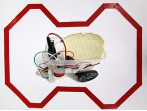 A composite photograph shows a continuous loop of red reflective tape on a 24 x 36-inch piece of white poster board. The route is a series of straight sections with periodic left and right turns, none greater than 45°. In the center is a Lunch-Bot carrying a slice of white bread. The Lunch-Bot is composed of a clear plastic food container with two drive servomotors with wheels taped to the bottom of one end of the container, a small cup taped to the bottom of the other end of the container (a support leg), sensors fastened to the front, a small breadboard taped to the outside front of the container, an Arduino microcontroller mounted inside front, and various wires that connect the servos, IR sensors and battery to the Arduino. 