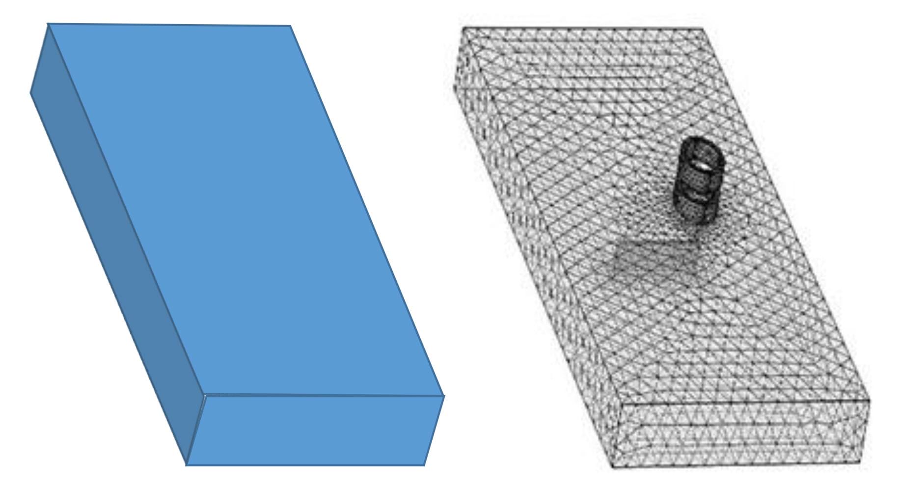 Two similar 3D drawings of rectangular prisms. The left diagram appears solid while the right diagram appears covered by a truss-like pattern of lines, as if it were composed of a 3D mesh.