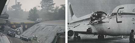 Two photographs. (left) A collapsed concrete highway bridge with big slab sections angled and fallen with scattered cars, some turned over—the August 1, 2007, I-35W bridge collapse in Minneapolis, MN. (right) A black and white image of the damaged fuselage of Aloha Airlines flight 243 aircraft after suffering an explosive decompression while in flight in April 1988. After a small section of the left side of the roof ruptured, the top middle quarter of the Boeing 737-297 fuselage ripped away.