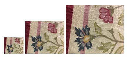 Three photographs of the same portion of a woven multi-color floral rug are scaled to show the first, smallest photograph doubled in size and then tripled in size.