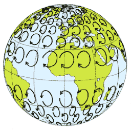 A diagram of the globe with many circular arrows shows global wind patterns moving away from the equator. In the Northern Hemisphere they move clockwise and in the Southern Hemisphere they move counterclockwise—which is called the Coriolis effect. In addition, these cells of moving air create deserts located at 30 degrees north and south of the equator.