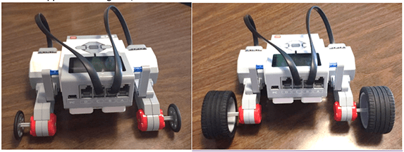 Two photographs of the LEGO robot, one with smaller-sized wheels (left) and the other with the larger-sized wheels (right).