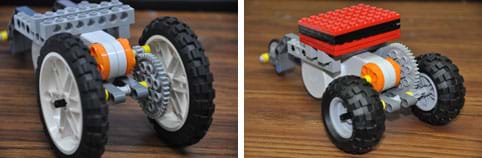 Two photos show three-wheeled table-top LEGO robots, with varying amounts of weight, wheel sizes and gear ratios.